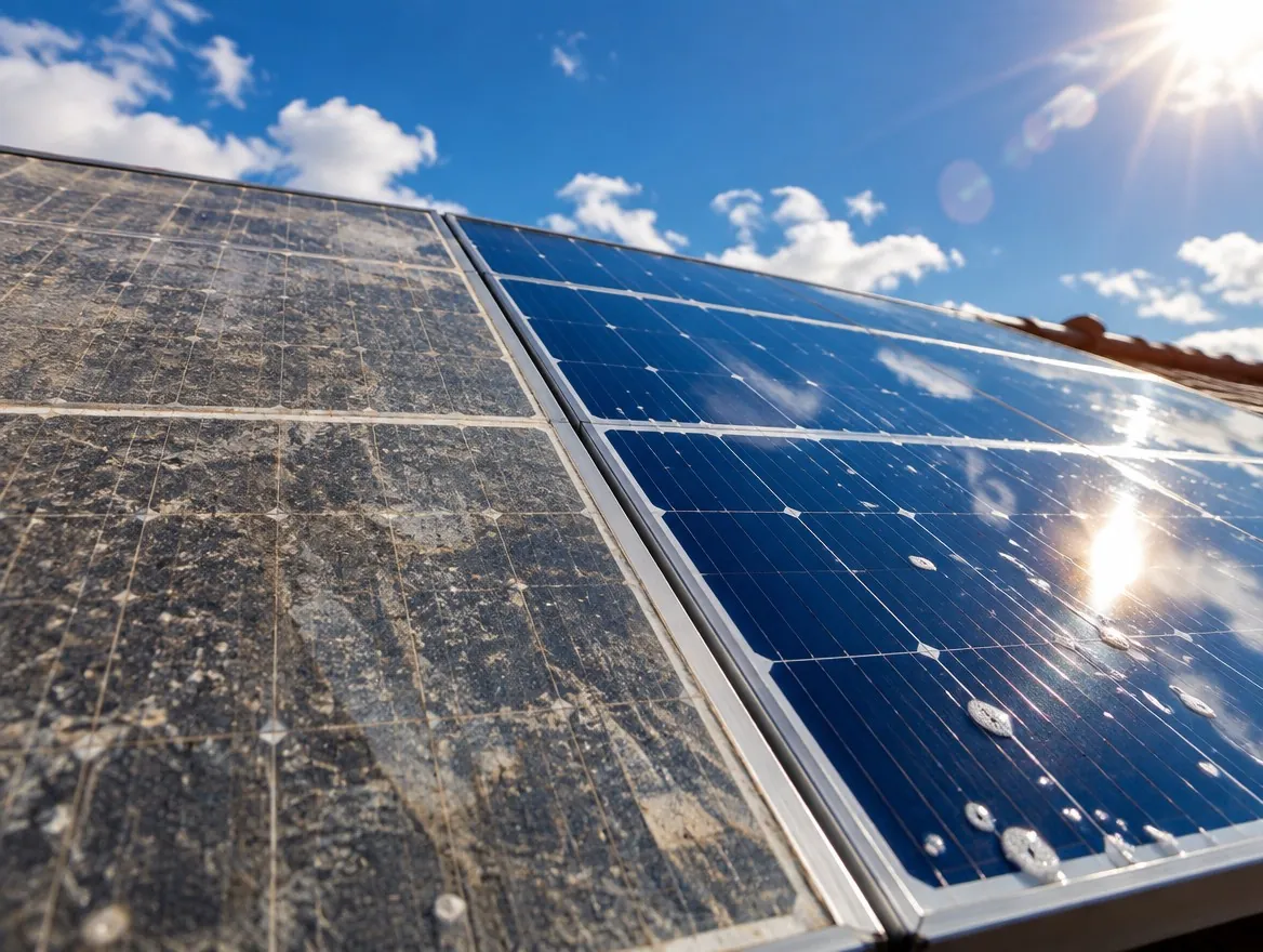 Solar panels half covered in dust and half clean and reflective under bright sun